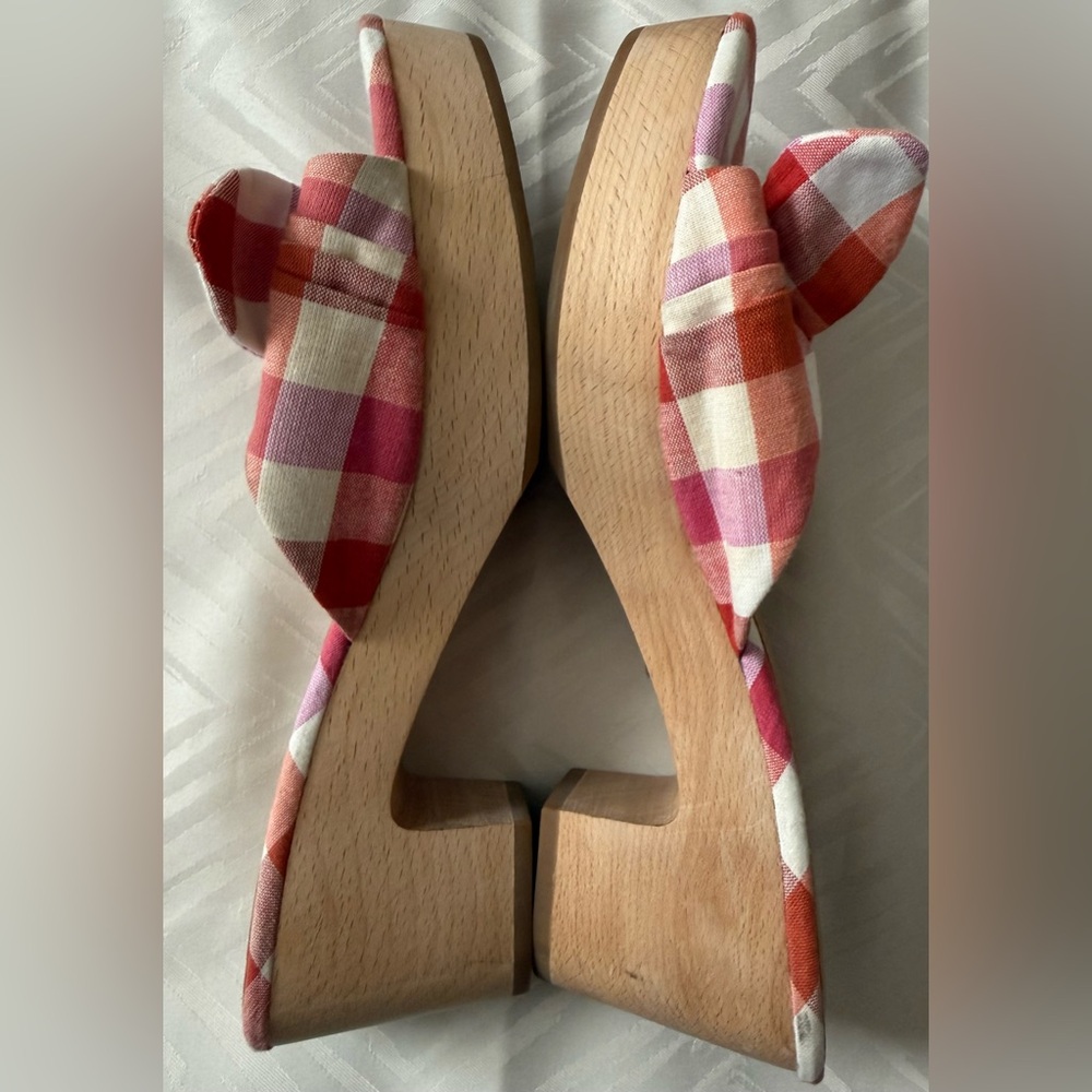 J. Crew Bow Pink and Red Plaid Mules Size 8.5 Wooden Slip On - Picture 8 of 8